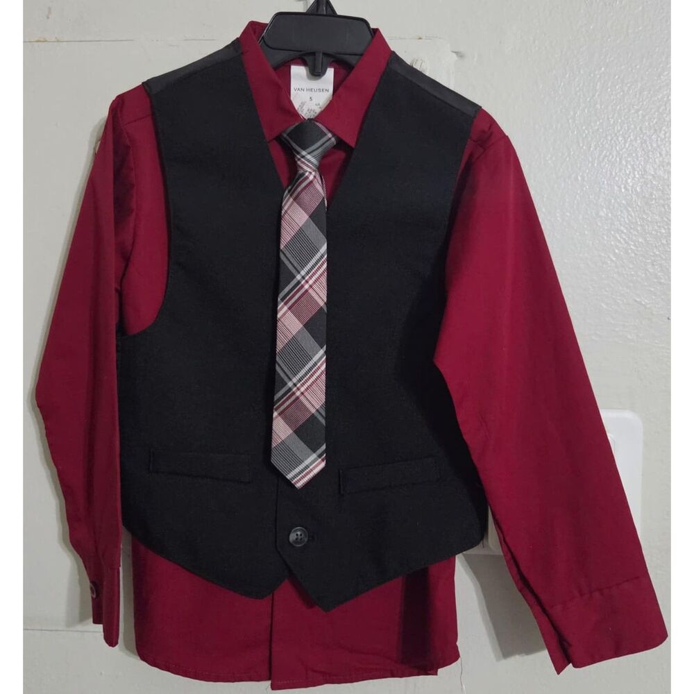 Boys 3-Piece Dress Shirt, Vest & Tie Set - Burgundy/Black Size5